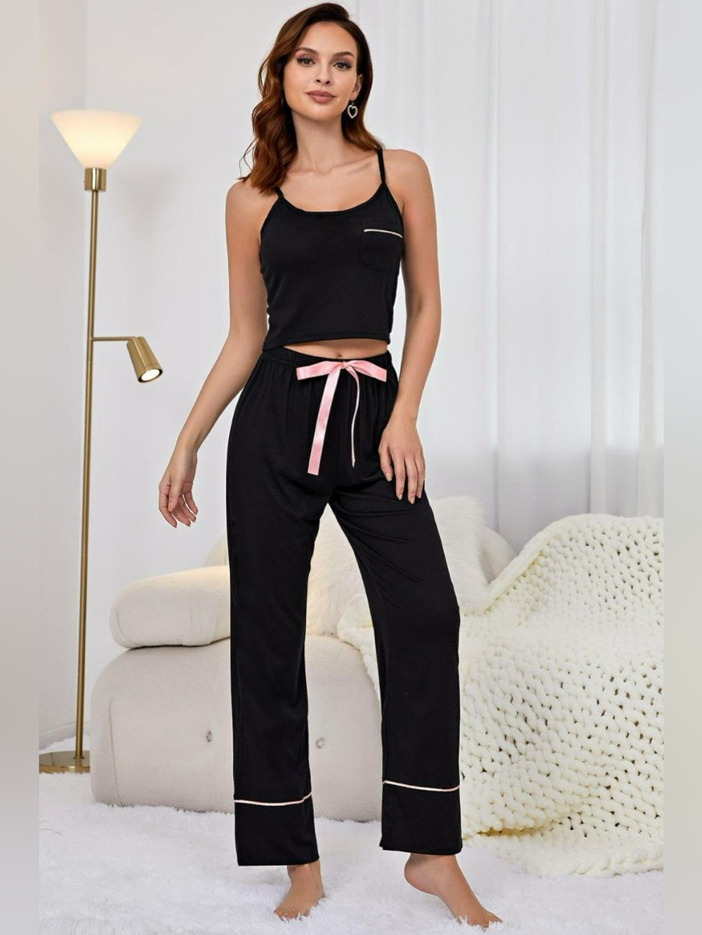 Contrast Trim Cropped Cami and Pants Loungewear Set